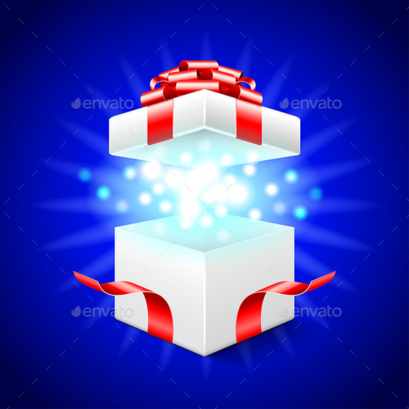 Opened Gift Box on Blue Vector Background - Christmas Seasons/Holidays