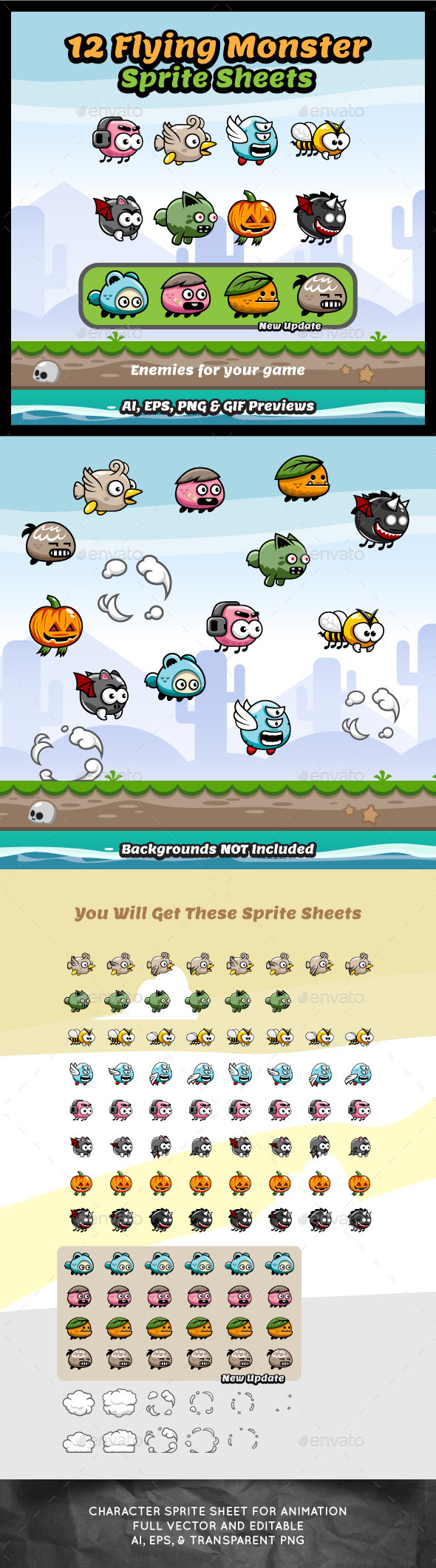 12 Flying Monster Sprite Sheets - Sprites Game Assets