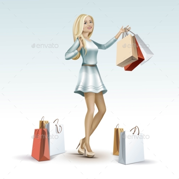 Blonde Woman Girl In Dress With Shopping Bags - Miscellaneous Vectors