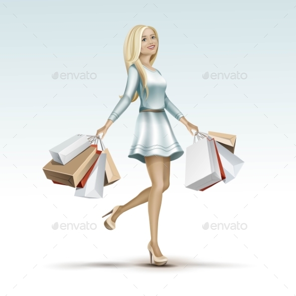 Blonde Woman Girl In Dress With Shopping Bags - Miscellaneous Vectors