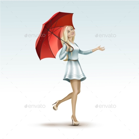 Blonde Woman Under a Red Umbrella in Dress - Miscellaneous Vectors