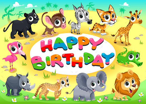 Happy Birthday Card with Jungle Animals - Birthdays Seasons/Holidays