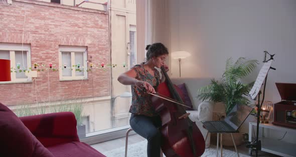 Woman Giving a cello online remote lesson