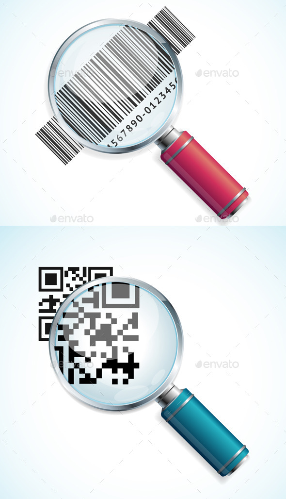 Vector Magnifier with QR Code and Barcode - Services Commercial / Shopping