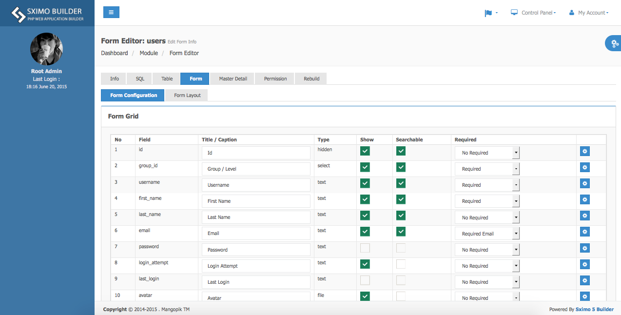 Forms panel. CRUD группа. Sximo 6. Control Builder.