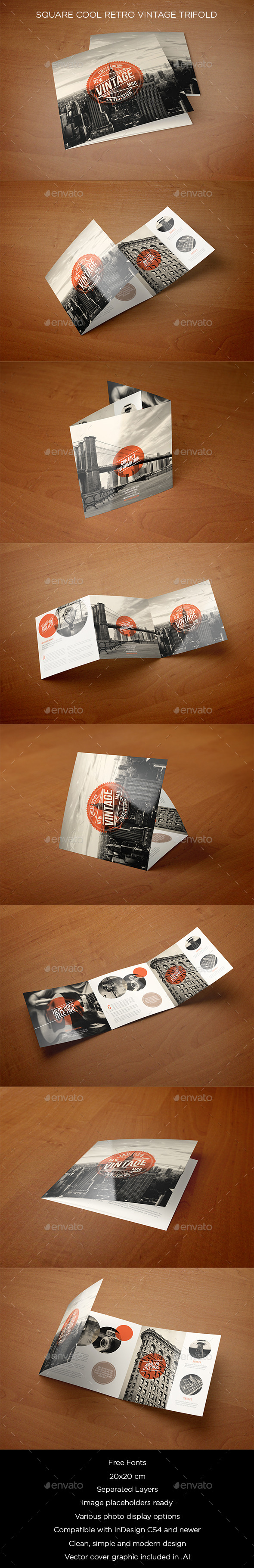 Square Cool Retro Vintage Trifold - Brochures Print Templates