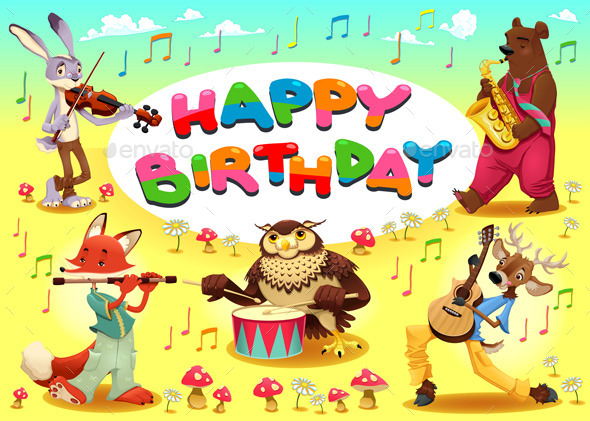 Happy Birthday Card with Musician Animals - Birthdays Seasons/Holidays