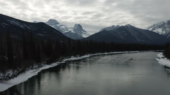 Winter Mountains and River Aerial