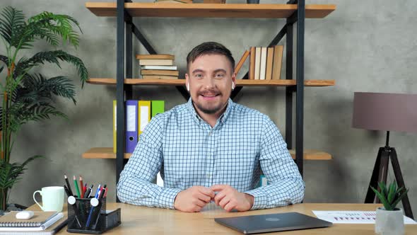 Smiling businessman greets tells top manager online video call conference webcam alt