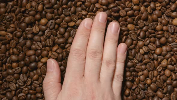 Human hand touches a roasted coffee beans