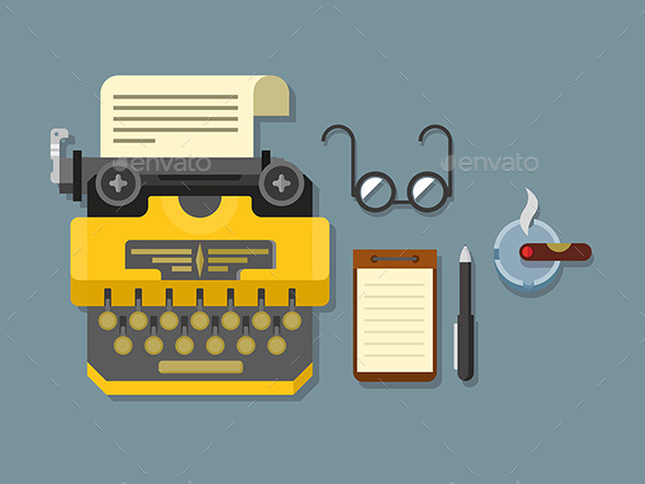 Typewriter With Sheet Of Paper, Glasses, Notepad - Objects Vectors