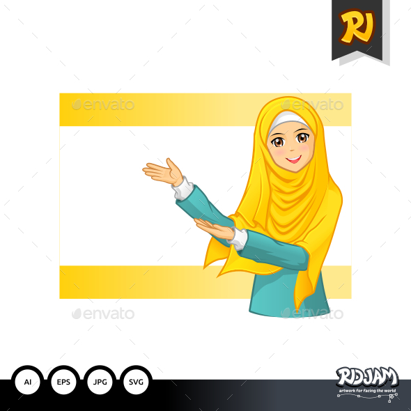Muslim Woman with Invitation Arms Wearing Yellow Veil - People Characters