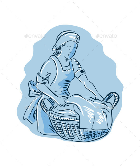 Laundry Maid Basket Vintage Etching - People Characters