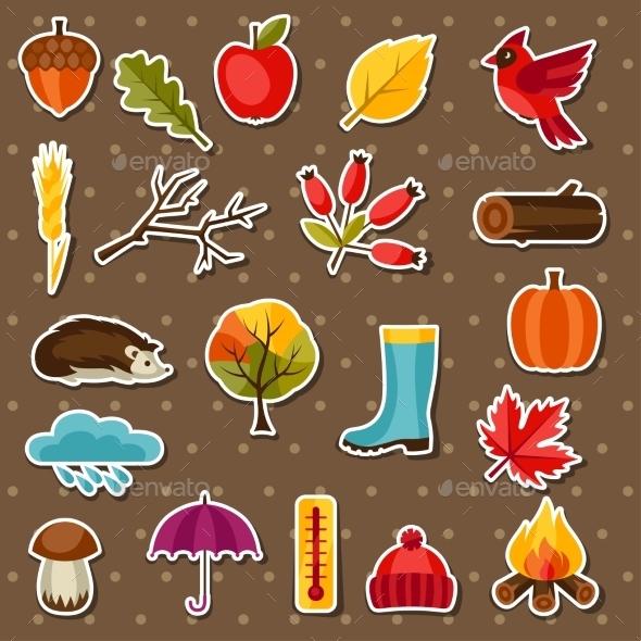 Autumn Sticker Icon and Objects Set for Design - Seasons Nature