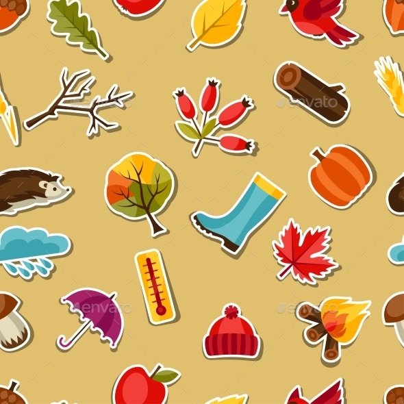 Seamless Pattern eith Autumn Sticker Icons - Seasons Nature