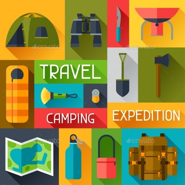 Tourist Background with Camping Equipment - Travel Conceptual