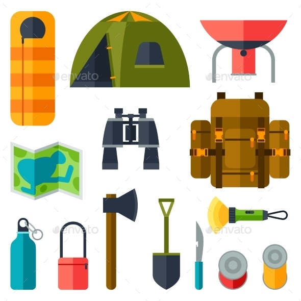 Tourist Set of Camping Equipment Icons - Travel Conceptual