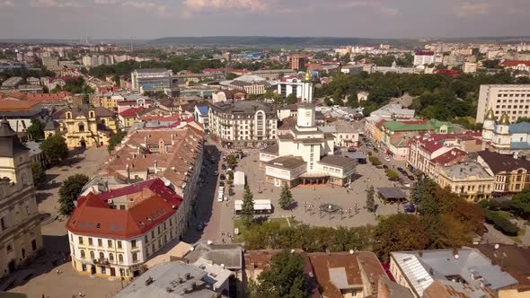 Aerial view of historic center in Ivano-Frankivsk city, Ukraine. alt