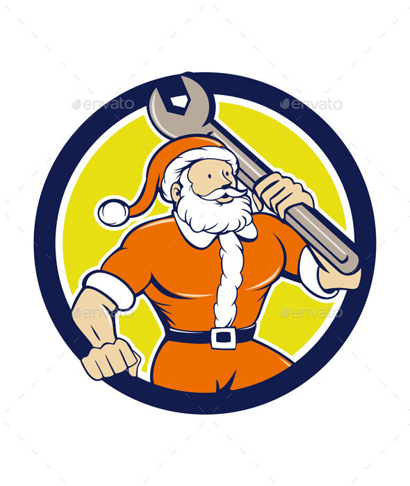 Santa Claus Mechanic Spanner Circle Cartoon - People Characters