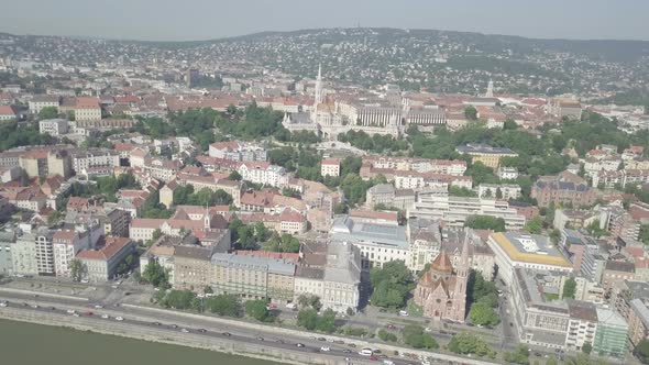 Aerial view of Budapest, Hungary. Cityscape. Holy trinity square Matthias Church Buda's castle river