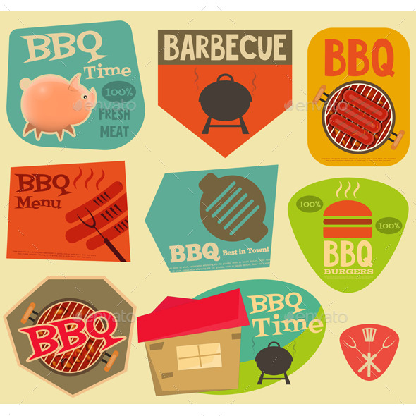 Retro BBQ Stickers Collection - Food Objects