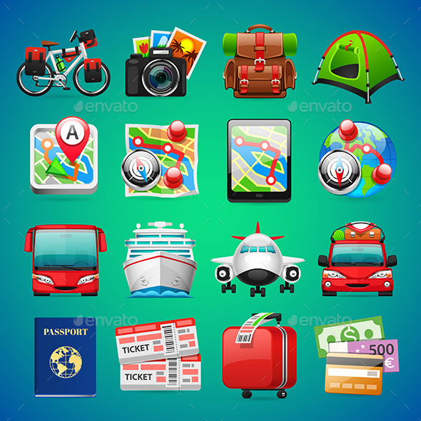 Colorful Travel Icons - Man-made objects Objects