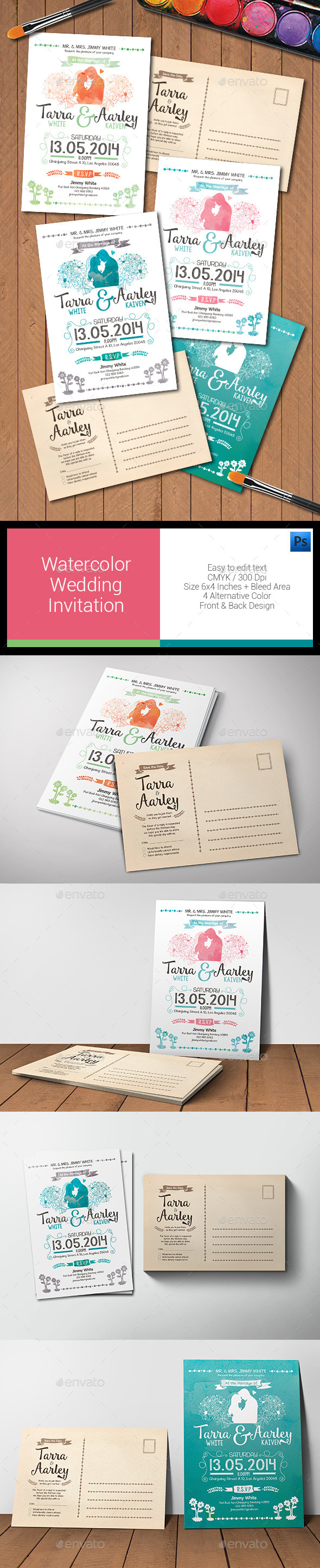 Watercolor Post Card Wedding Invitation - Weddings Cards & Invites
