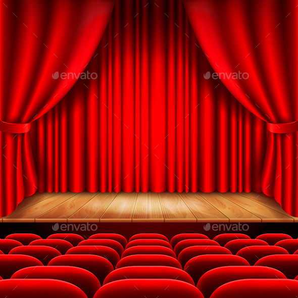 Theater Stage with Red Curtain and Seats - Miscellaneous Vectors