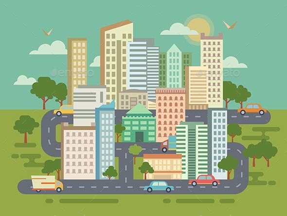 City Landscape with Buildings Cars and Roads - Buildings Objects