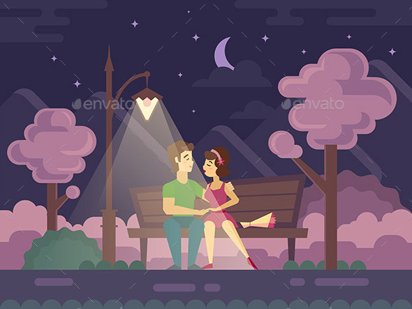 Kissing Couple on a Park Bench at Night - People Characters