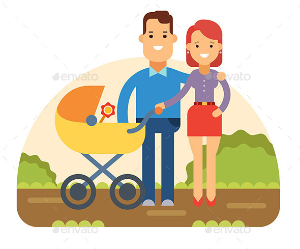 Happy Young Family with Baby in Stroller - People Characters