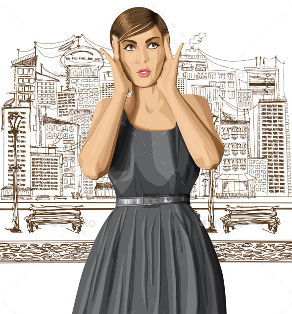 Vector Surprised Girl in Dress - People Characters