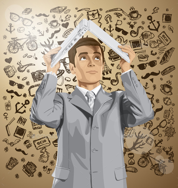 Vector Business Man Hides Under The Laptop - Concepts Business