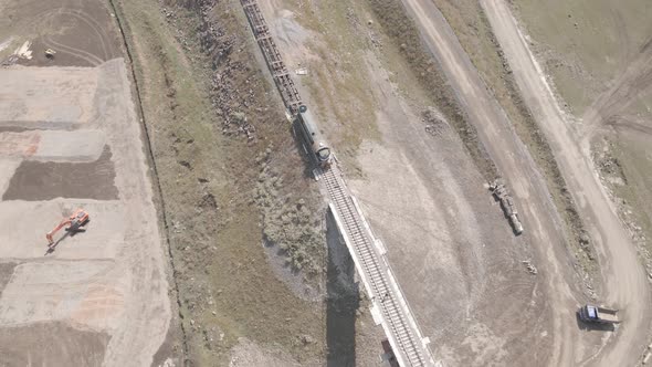 Aerial view of Railroad emergency stop track bridge in Akhalkalaki station, Georgia 2021 alt