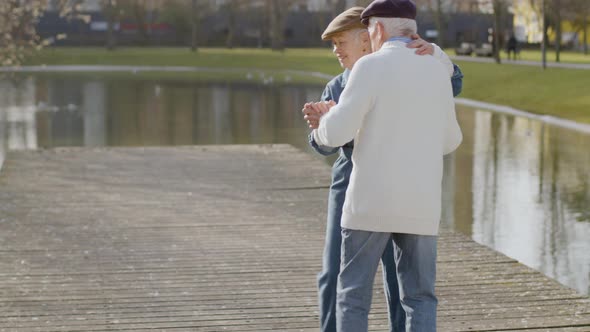 Elderly Couple Dancing at Pier in City Park on Warm Autumn Day alt