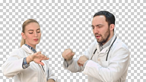 Smiling young woman and man in lab coat, Alpha Channel