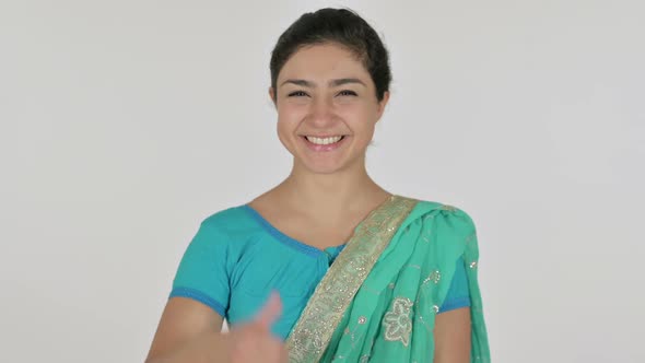 Indian Woman Showing Thumbs Up Sign White Background alt