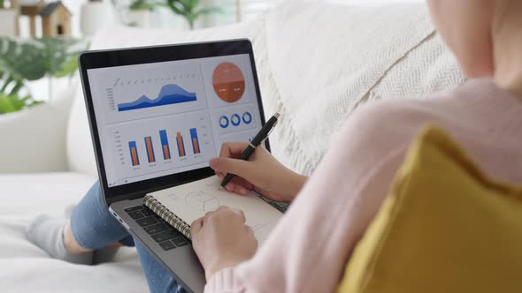 Young asian woman use computer work reskill upskill at home sofa. alt