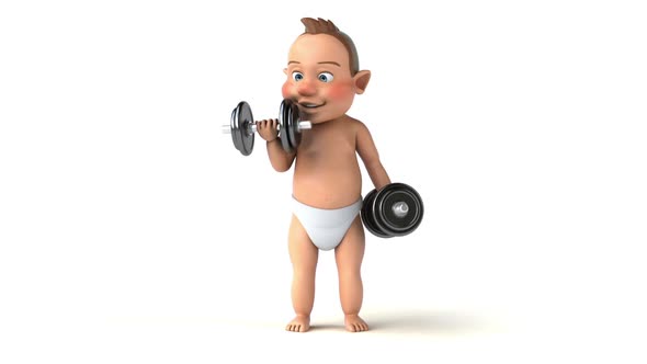 Fun 3D cartoon of a baby lifting weights alt