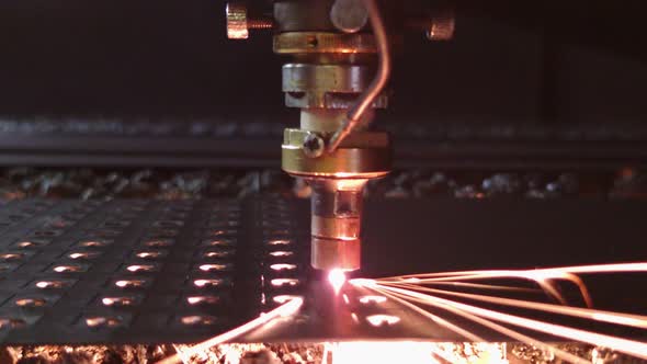 Process of Sheet Metal Laser Cutting Closeup with Selective Focus