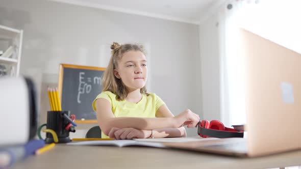 Intelligent Caucasian Schoolgirl Sitting at Desk with Laptop Raising Hand alt