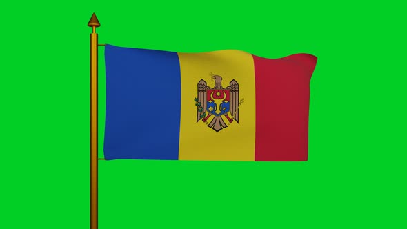 National flag of Moldova waving with flagpole on chroma key, Republic of Moldova flag textile alt