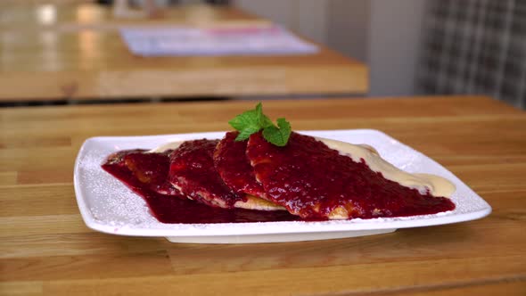 Pancakes with Raspberry and White Chocolate, Delicious Breakfast with Pancakes