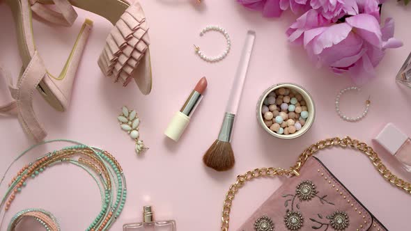 Beauty and Fashion Accessories and Gadgets. Femine Concept. Flat Lay on Pink Theme Background alt