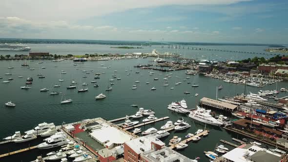 Aerial View of Bannister's Wharf Marina Goat Island  Yachts and Claiborne Pell Suspension Bridge