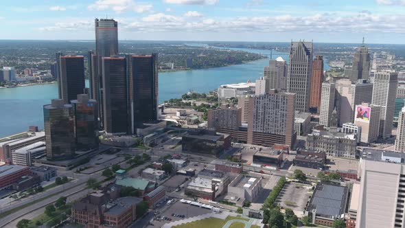 High angle aerial shot of downtown Detroit. This video was filmed in 4k for best image quality. alt