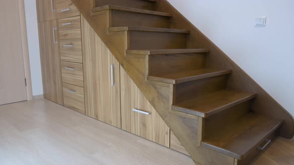 Modern Architecture Interior with Luxury Hallway with Glossy Wooden Stairs in Multistorey House alt