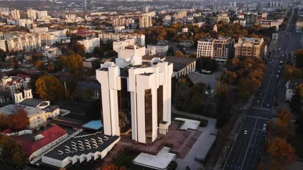 Aerial drone view on Chisinau city in autumn season. Presidency building. Moldova alt
