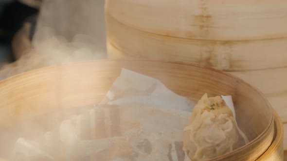 Dimsam Asian Chineese Dumpling Pelmeni Close Up in Food Truck Festival alt