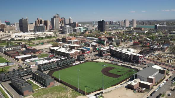 The Corner Ballpark in Detroit, Michigan drone video moving forward. alt
